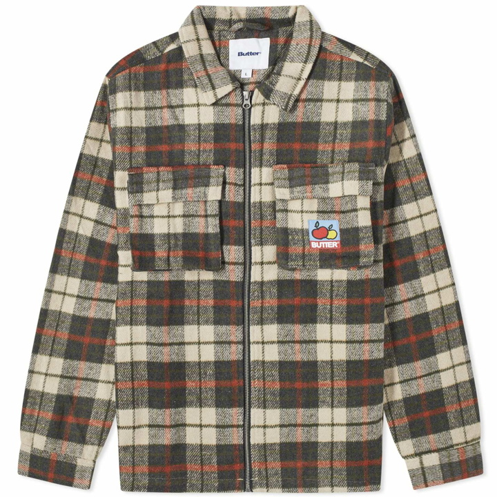 Photo: Butter Goods Men's Zip Through Plaid Flannel Overshirt in Natural/Midnight/Red