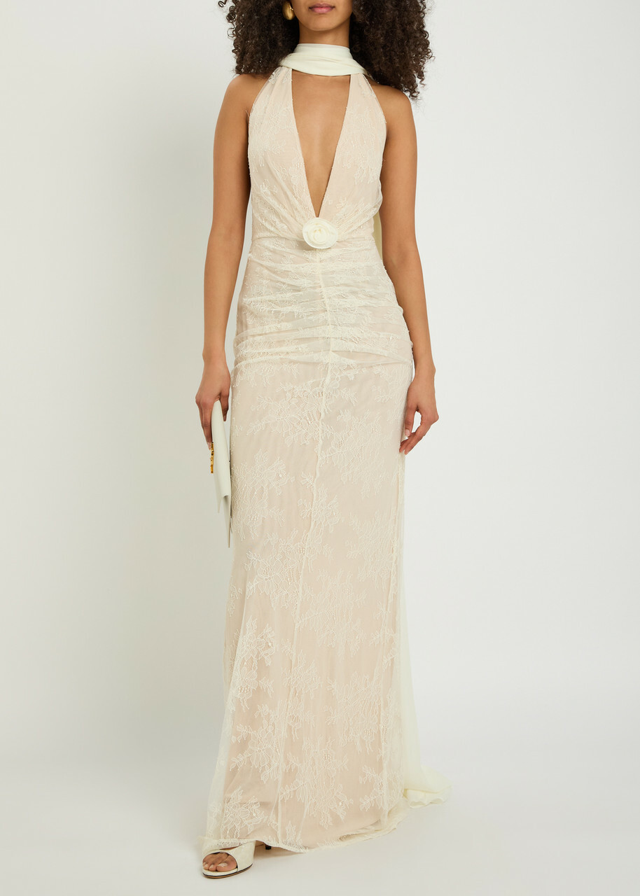 DE LA Vali Amora Scarf-effect Lace Gown Ivory