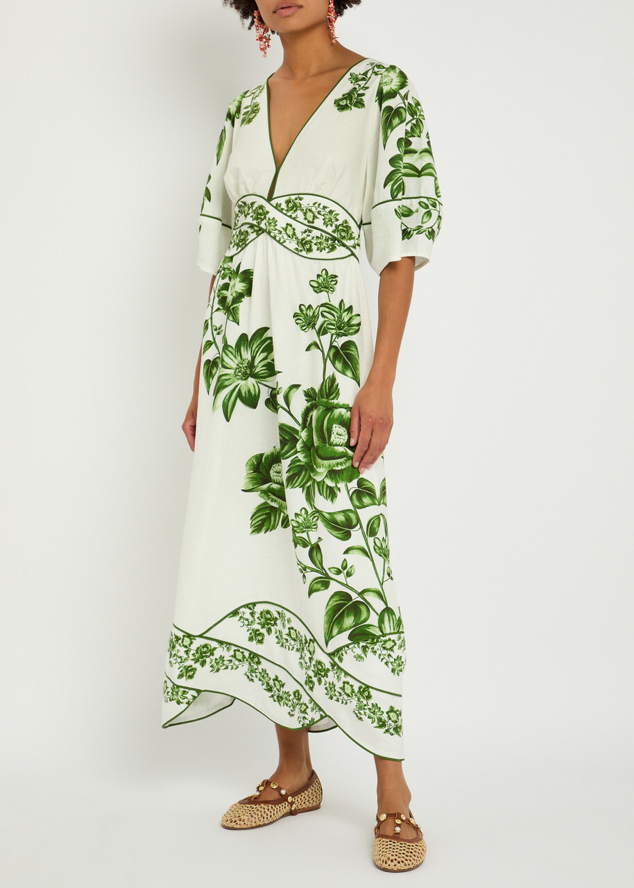 Farm Rio Floral-print Linen-blend Maxi Dress Green