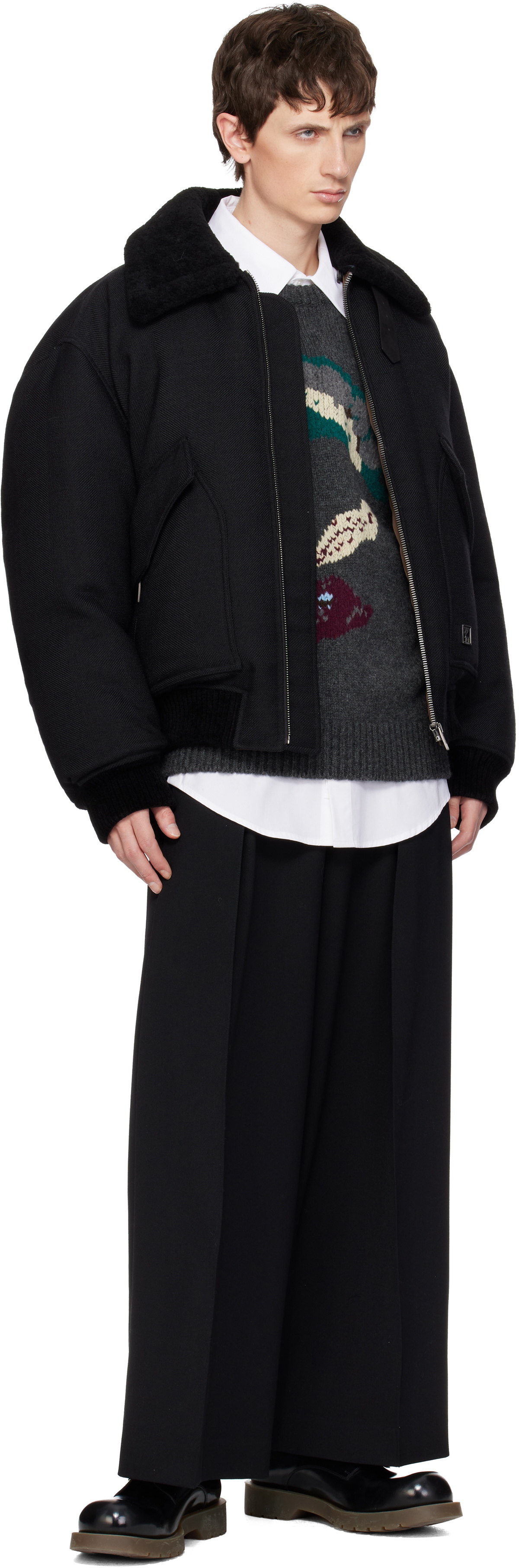 WOOYOUNGMI Gray Flower Jacquard Wool Sweater