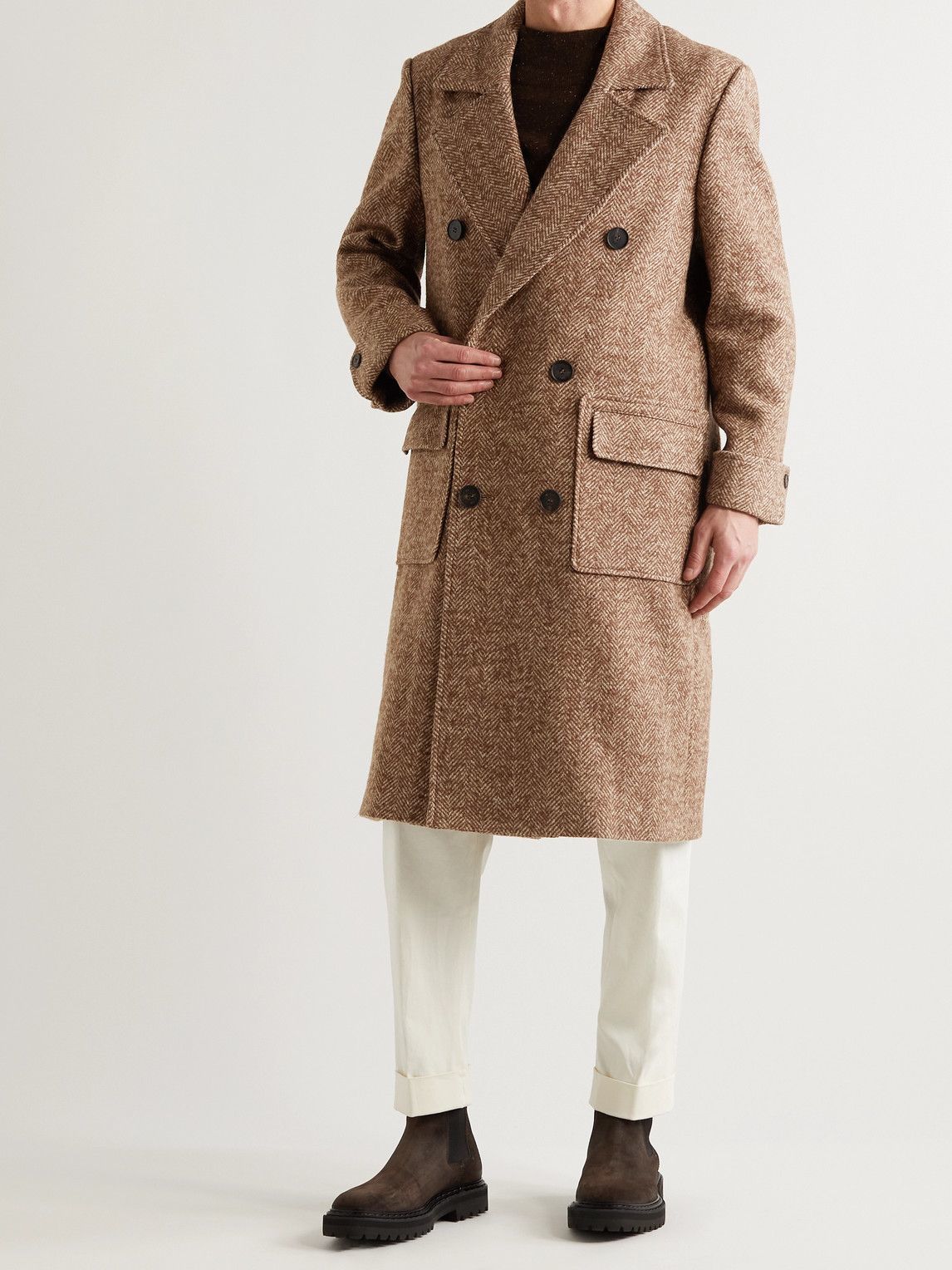 Double-Breasted Herringbone Wool Coat