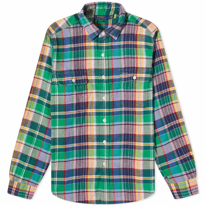 Photo: Polo Ralph Lauren Men's Brushed Flannel Plaid Check Shirt in Green/Navy Multi