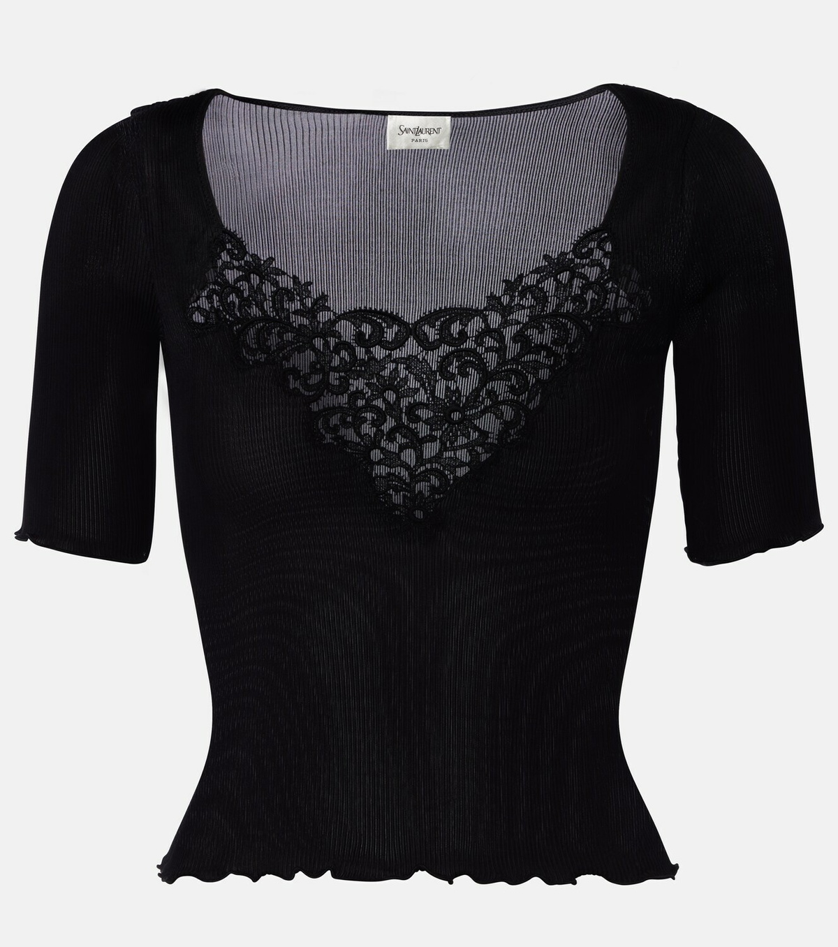 Saint Laurent Lace-trimmed ribbed-knit silk top