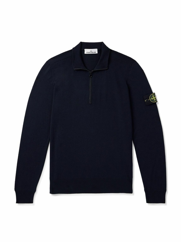 Photo: Stone Island - Logo-Appliquéd Wool Half-Zip Sweater - Blue