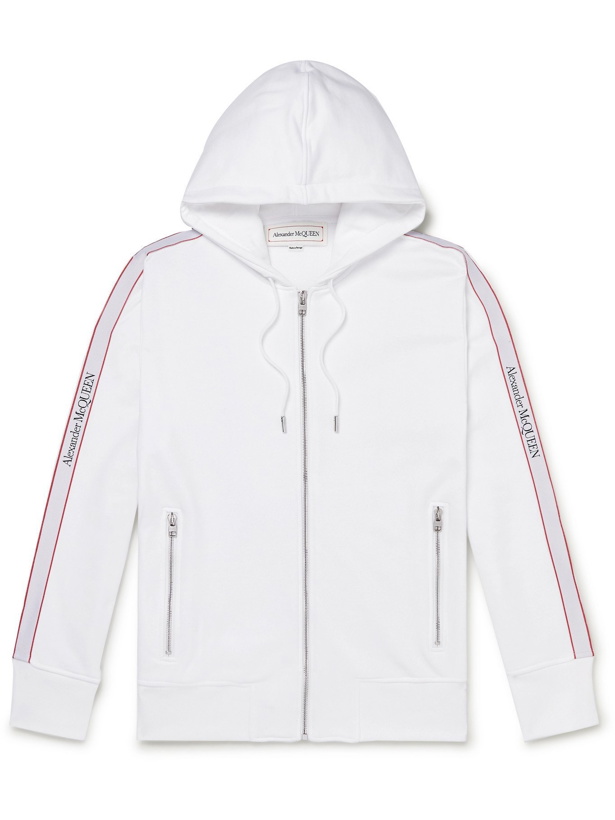 Photo: ALEXANDER MCQUEEN - Slim-Fit Logo Webbing-Trimmed Loopback Cotton-Jersey Hoodie - White