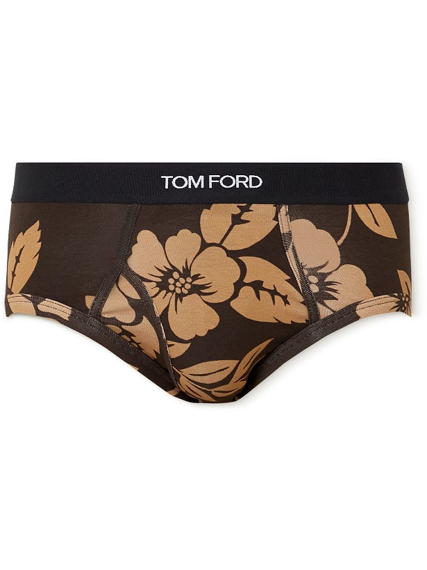 Photo: TOM FORD - Floral-Print Stretch-Cotton Jersey Briefs - Brown