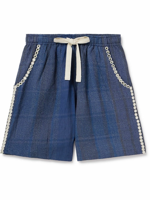 Photo: Kartik Research - Embellished Embroidered Cotton Drawstring Shorts - Blue