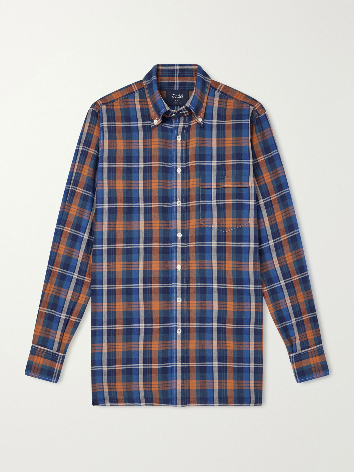 Drake's - Button-Down Collar Checked Woven Cotton Shirt - Blue
