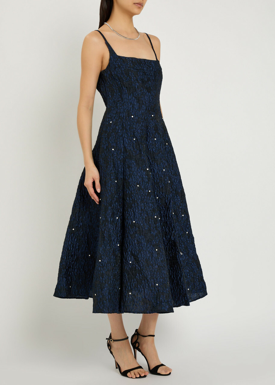 Sister Jane Maison Gem Crystal-embellished Cloqué Midi Dress Navy