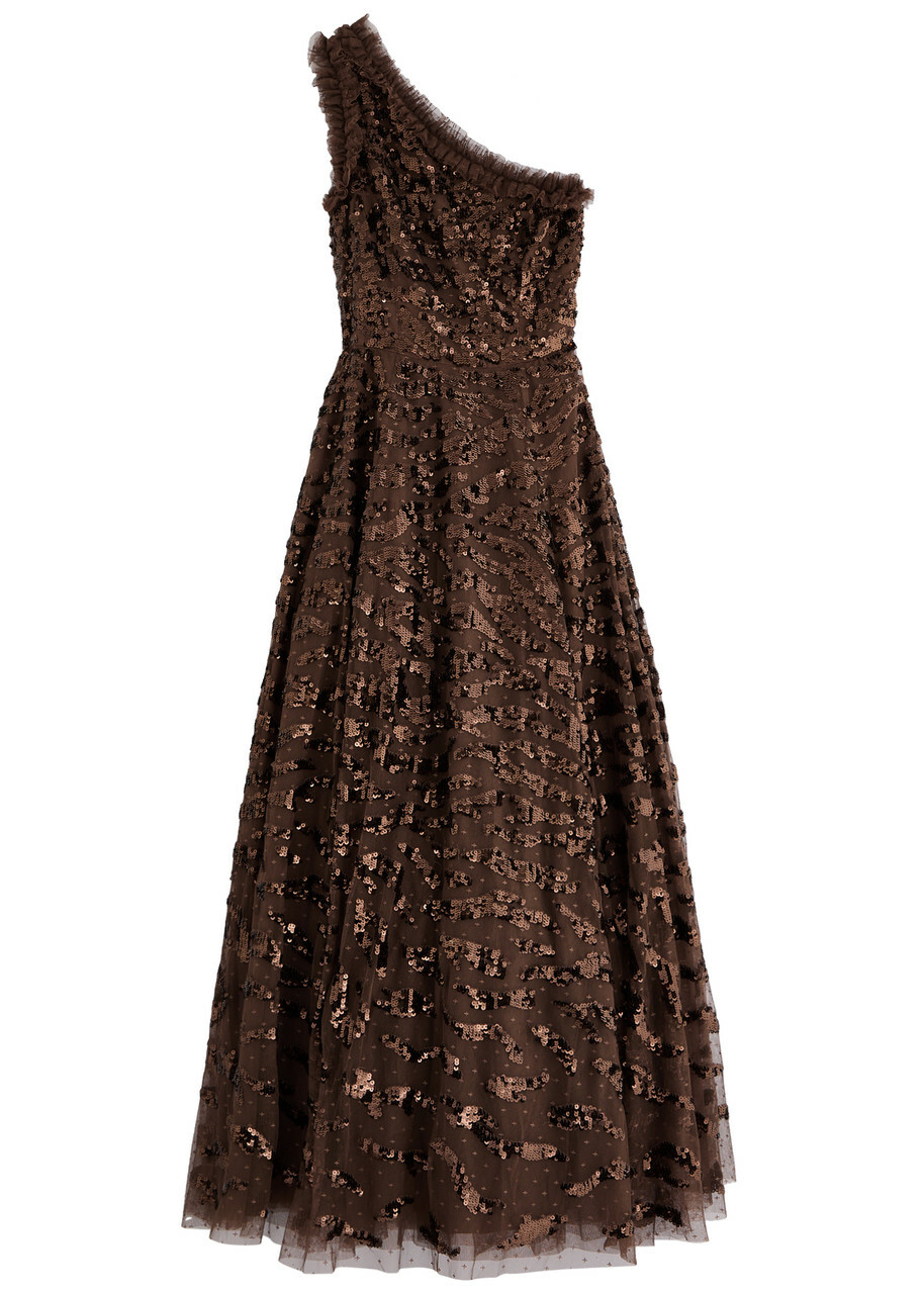 Needle & Thread Ripple Sequin-embellished One-shoulder Tulle Gown Chocolate  Needle & Thread