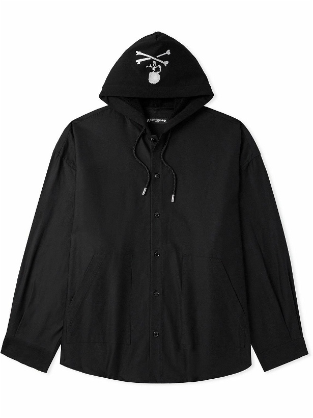 Photo: Mastermind World - Oversized Logo-Embroidered Jersey-Trimmed Cotton-Canvas Hooded Overshirt - Black