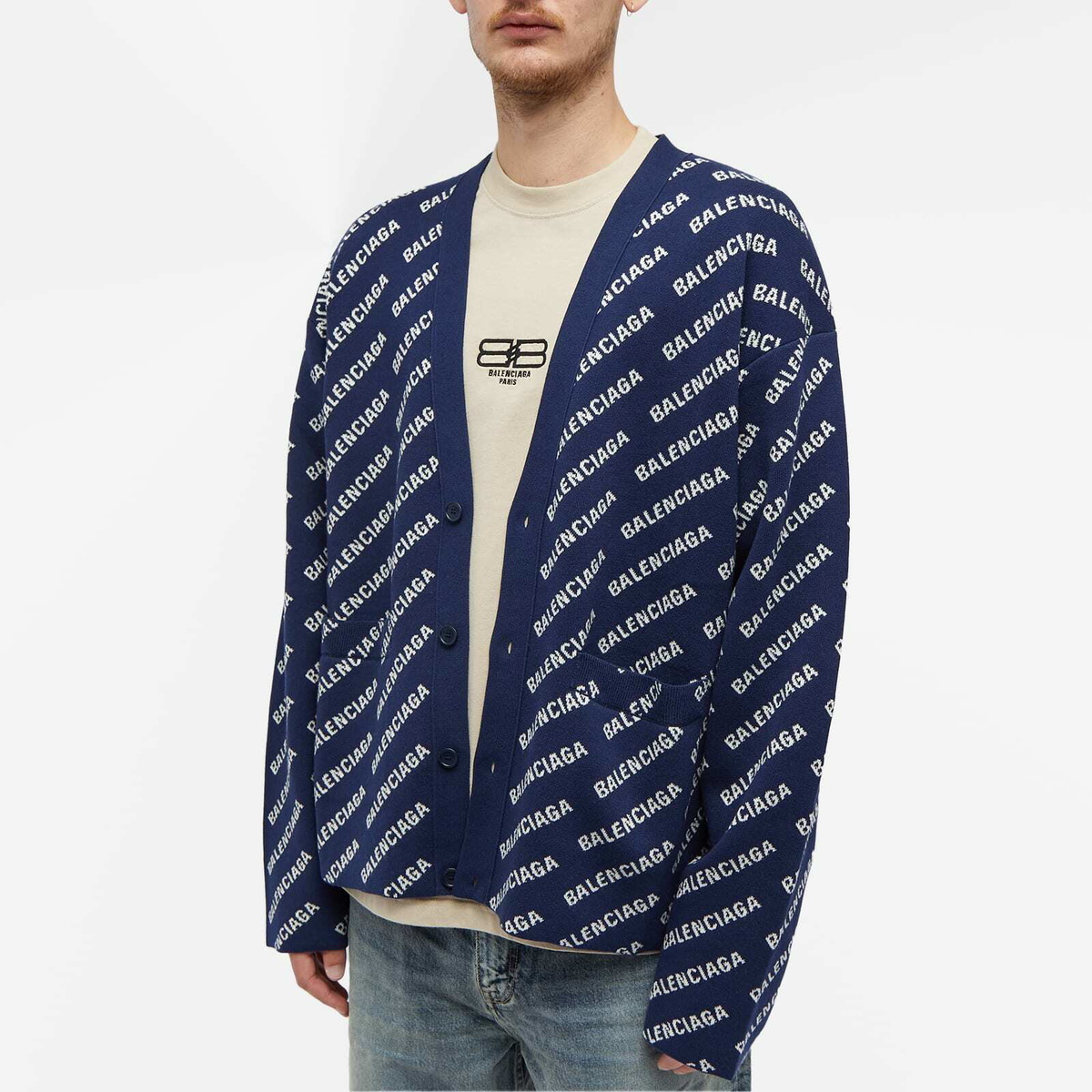 Balenciaga Men s All Over Logo Cardigan in Navy White Balenciaga