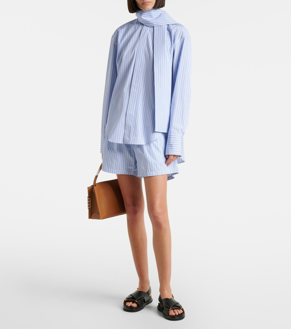 Plan C Scarf-detail striped cotton shirt