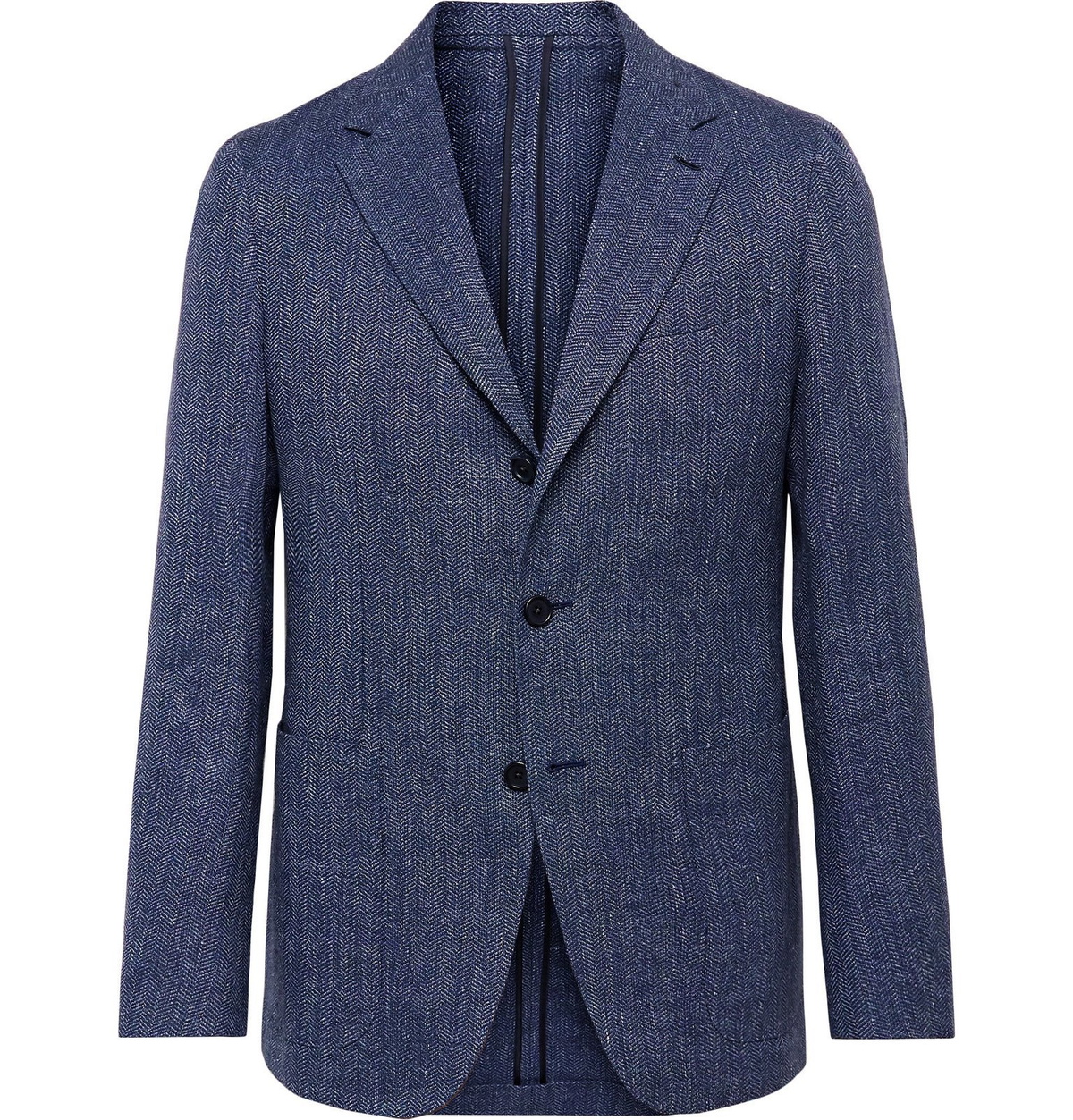 Caruso Herringbone Linen and Cotton Blend Blazer Blue