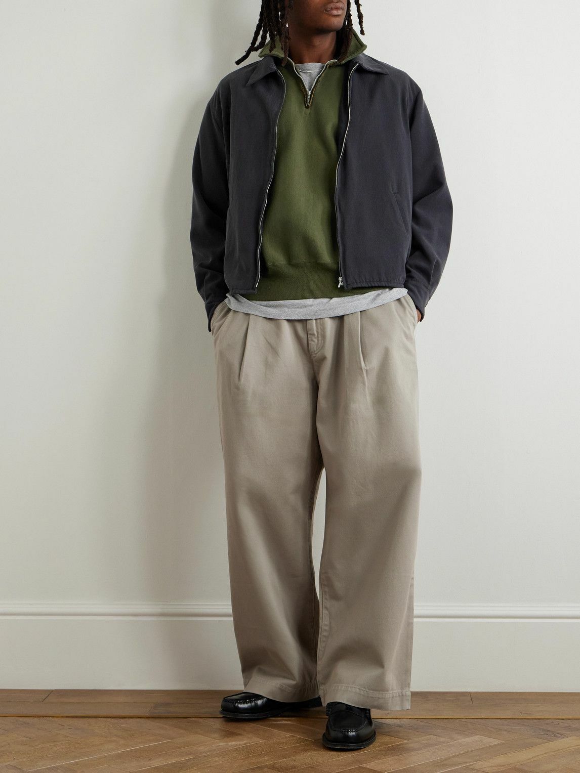 A.PRESSE アプレッセ HALF ZIP SWEATSHIRTS A.PRESSE - Distressed Cotton-Jersey Half-Zip Sweatshirt