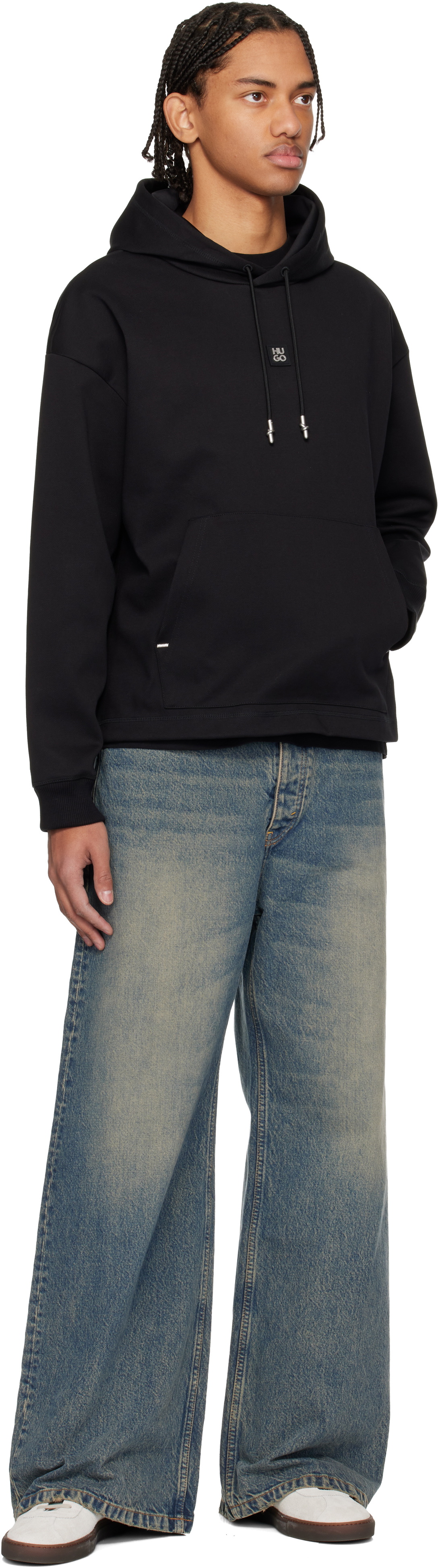 Hugo Black Relaxed Fit Stacked-Logo Hoodie