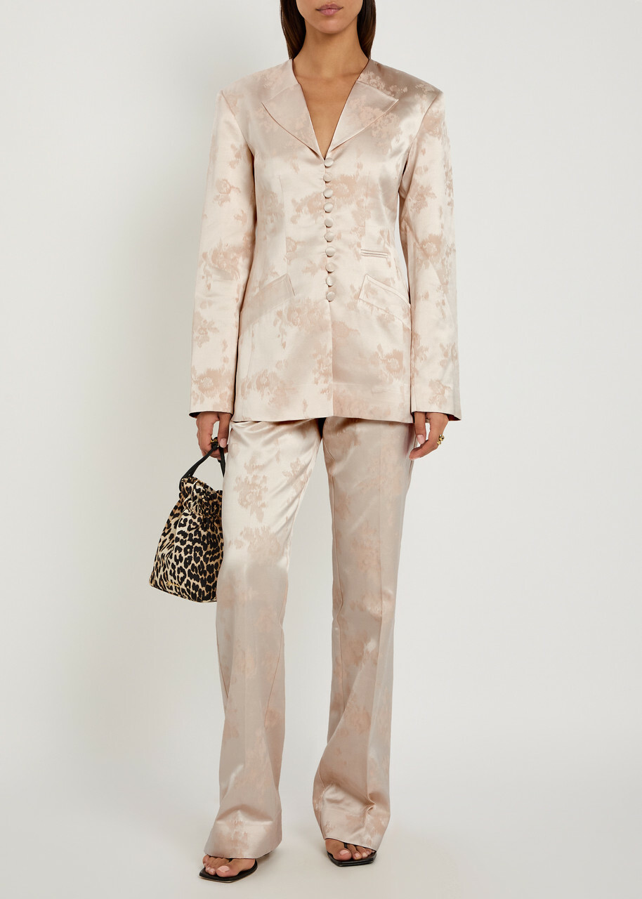 Ganni Floral-jacquard Satin Blazer White