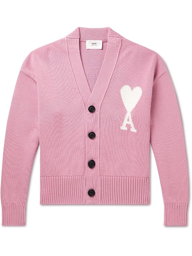 Photo: AMI PARIS - Logo-Intarsia Organic Cotton and Wool-Blend Cardigan - Pink