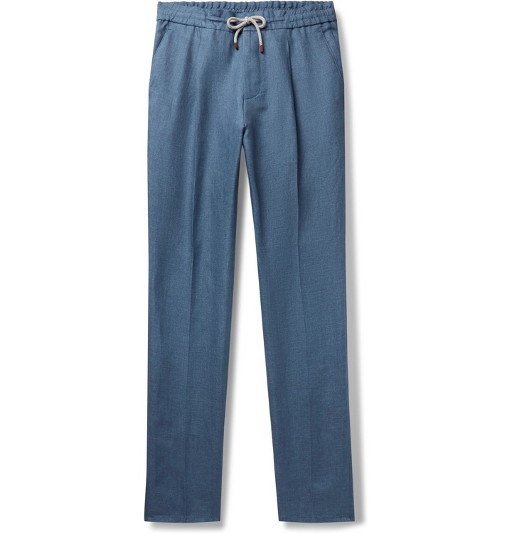 Photo: Brunello Cucinelli - Pleated Linen Drawstring Trousers - Blue