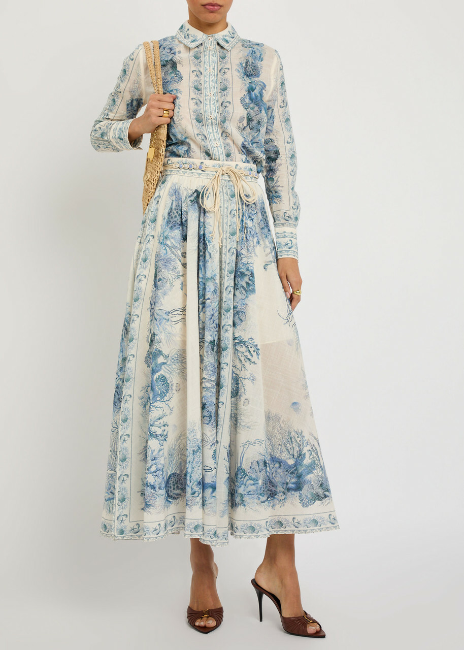 Zimmermann Wanderlust Printed Cotton Maxi Skirt Blue