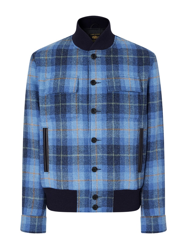 Photo: Golden Bear - Leather-Trimmed Wool Harris Tweed Bomber Jacket - Blue
