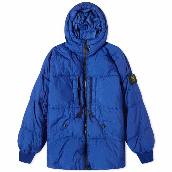 Photo: Stone Island Men's Crinkle Reps Hooded Down Jacket in Bright Blue