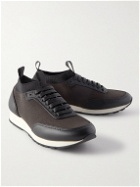 Brioni - Leather-Trimmed Stretch-Knit Sneakers - Brown