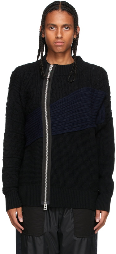 Photo: Sacai Black & Navy Cable Knit Zip-Up Sweater