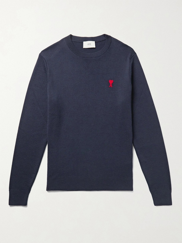 Photo: AMI PARIS - Logo-Embroidered Merino Wool Sweater - Blue