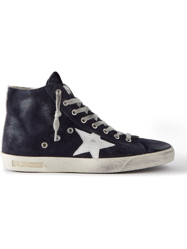 Photo: Golden Goose - Francy Distressed Leather-Trimmed Suede High-Top Sneakers - Blue