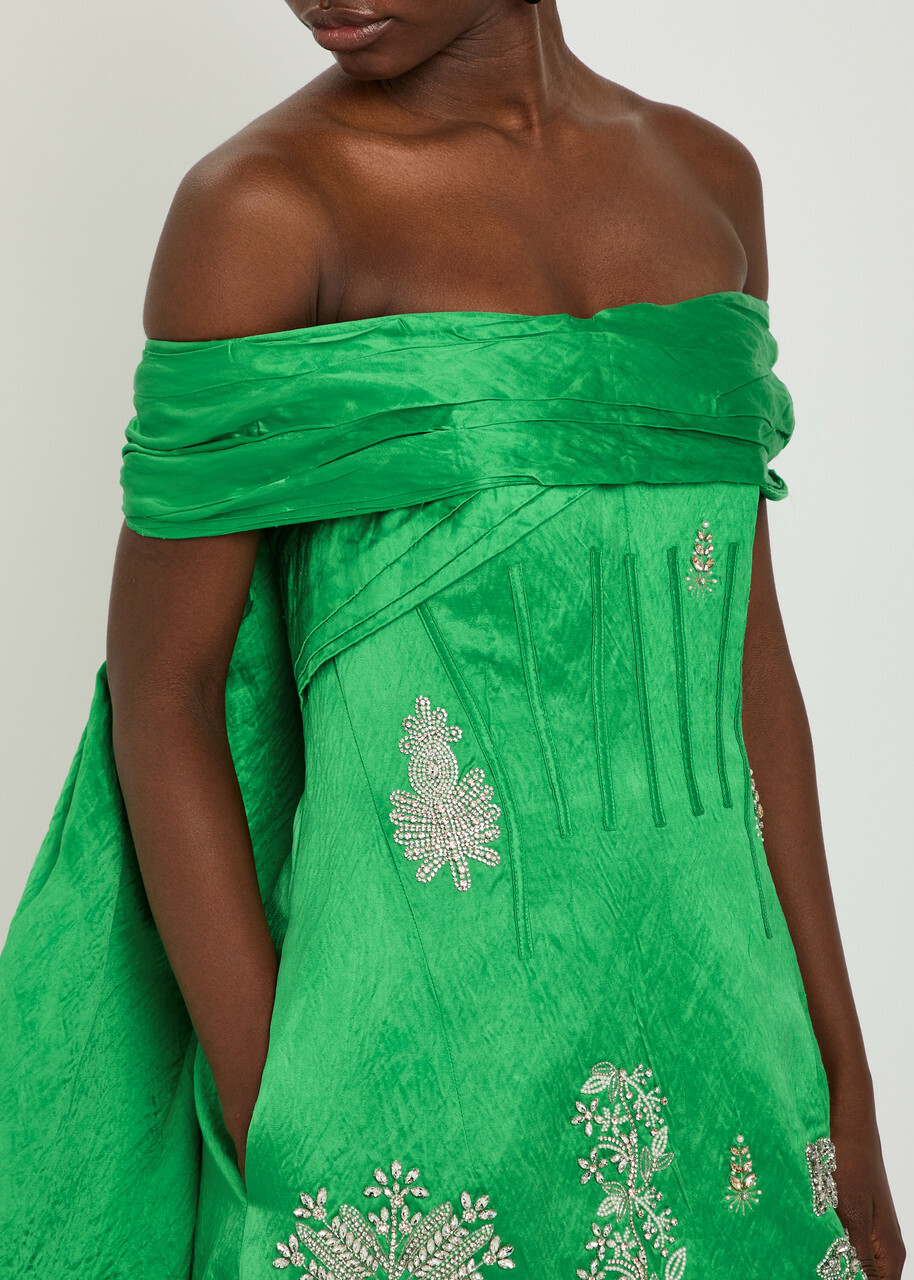 Erdem Embellished Off-the-shoulder Crinkled Satin Mini Dress Green