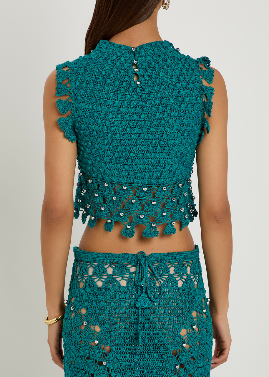 Rabanne Bead-embellished Crochet Cotton Cardigan Green