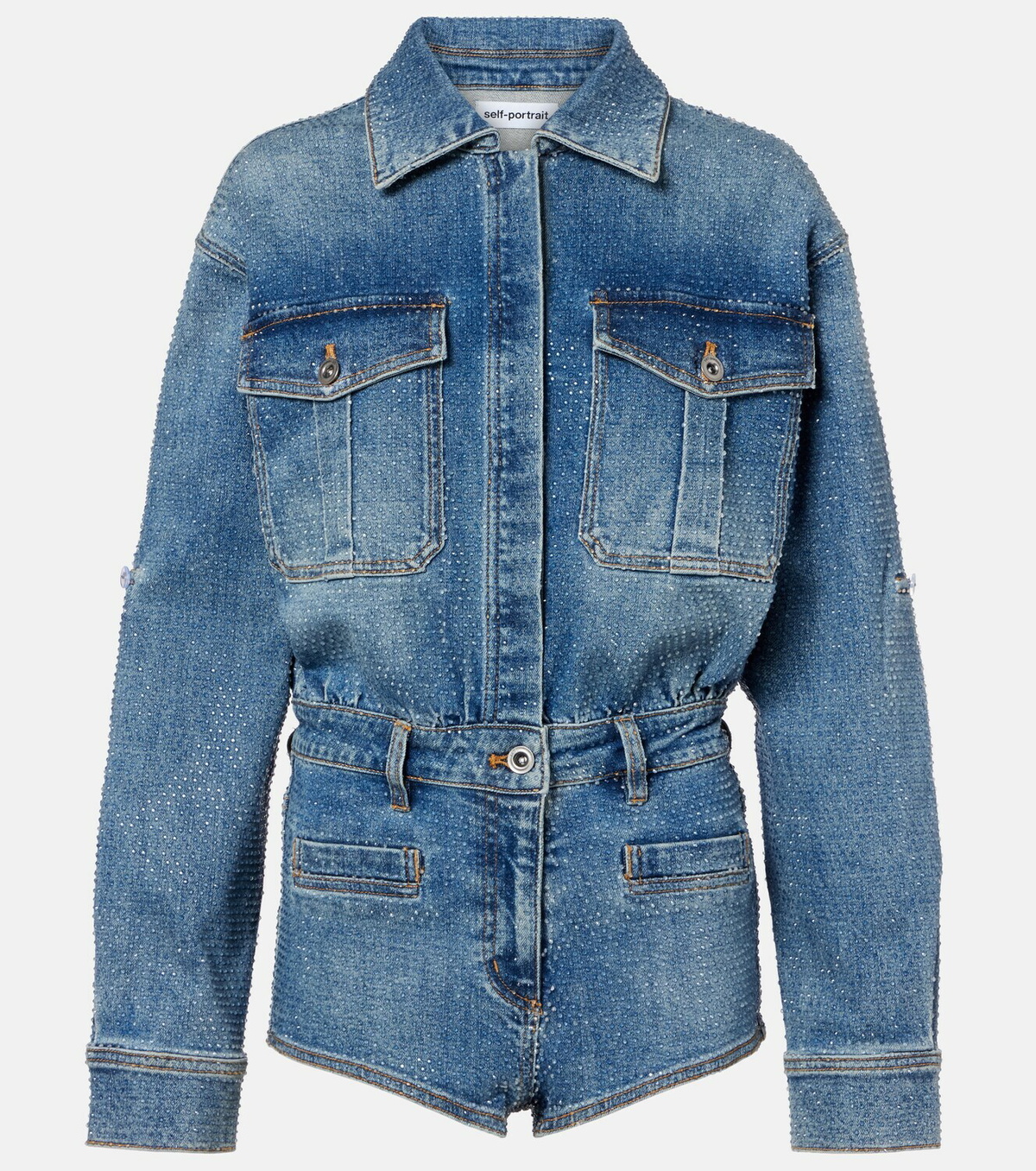 Self-Portrait Embellished denim romper
