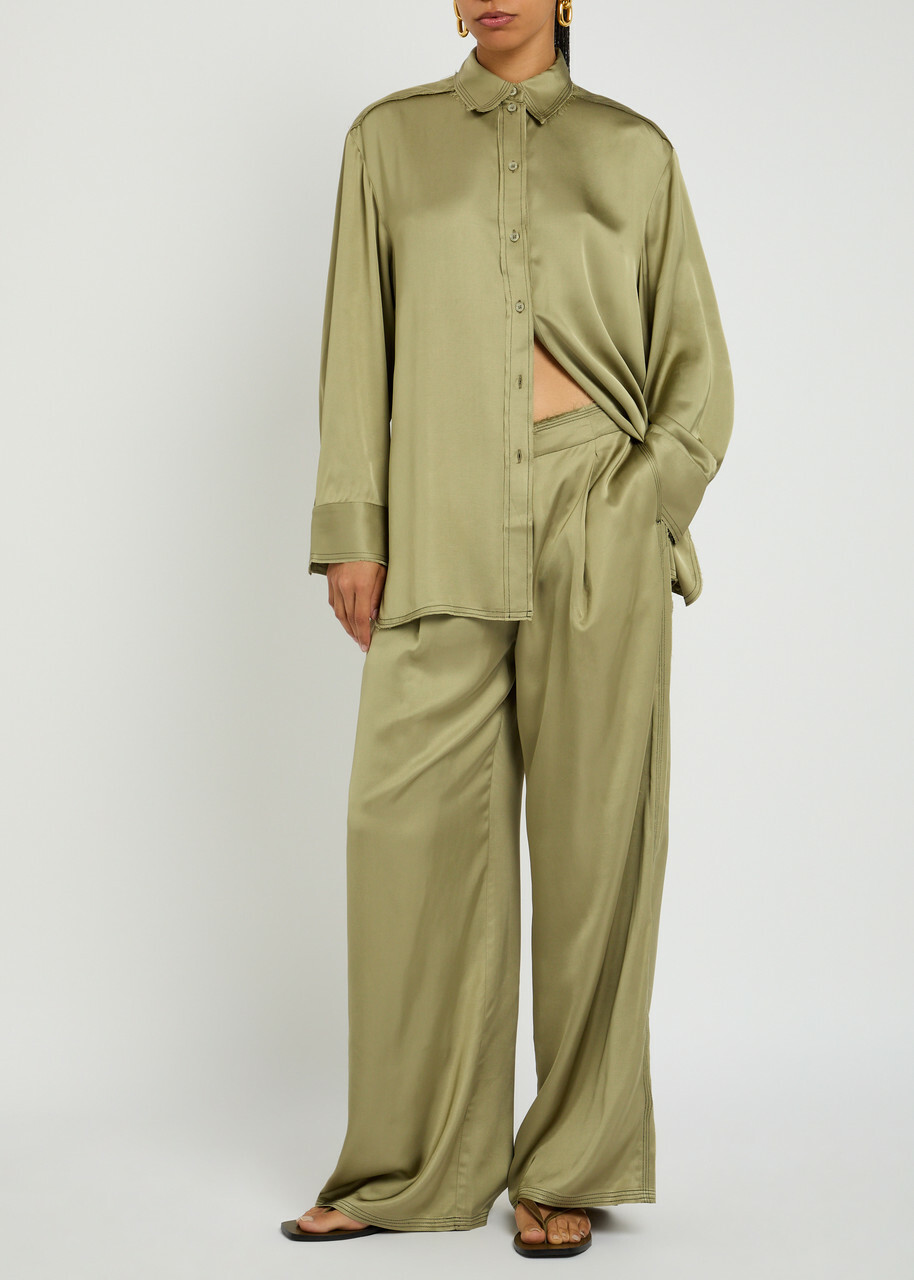 Day Birger ET Mikkelsen Fisher Fluid Satin Wide-leg Trousers Khaki