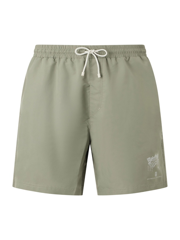 Photo: Brunello Cucinelli - Straight-Leg Mid-Length Logo-Print Swim Shorts - Green