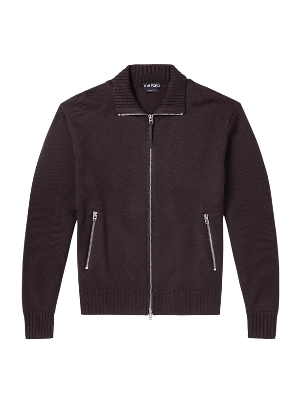 Photo: TOM FORD - Leather-Trimmed Merino Wool Cardigan - Brown