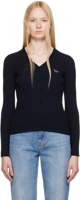 Photo: Maison Kitsuné Navy Baby Fox Patch Fine Ribbed Cardigan