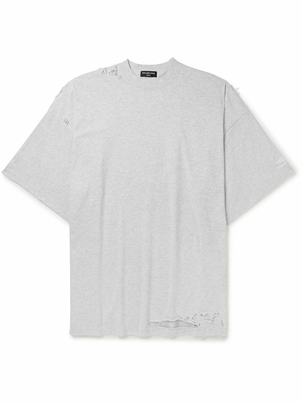 Photo: Balenciaga - 3B Sport Oversized Distressed Organic Cotton-Jersey T-Shirt - Gray
