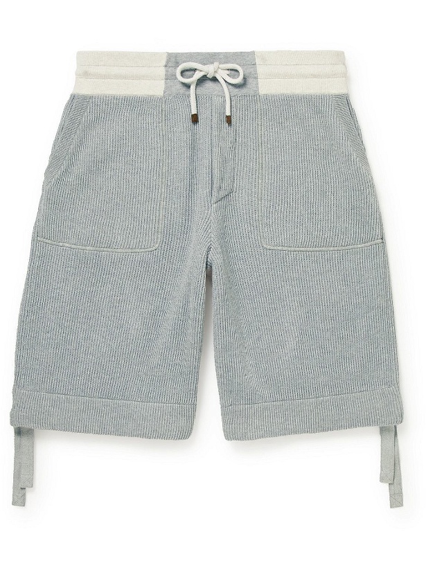Photo: Brunello Cucinelli - Straight-Leg Ribbed Cotton-Jersey Drawstring Shorts - Gray