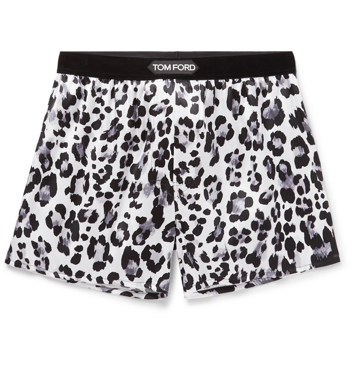 Photo: TOM FORD - Velvet-Trimmed Leopard-Print Stretch-Silk Satin Boxer Shorts - White