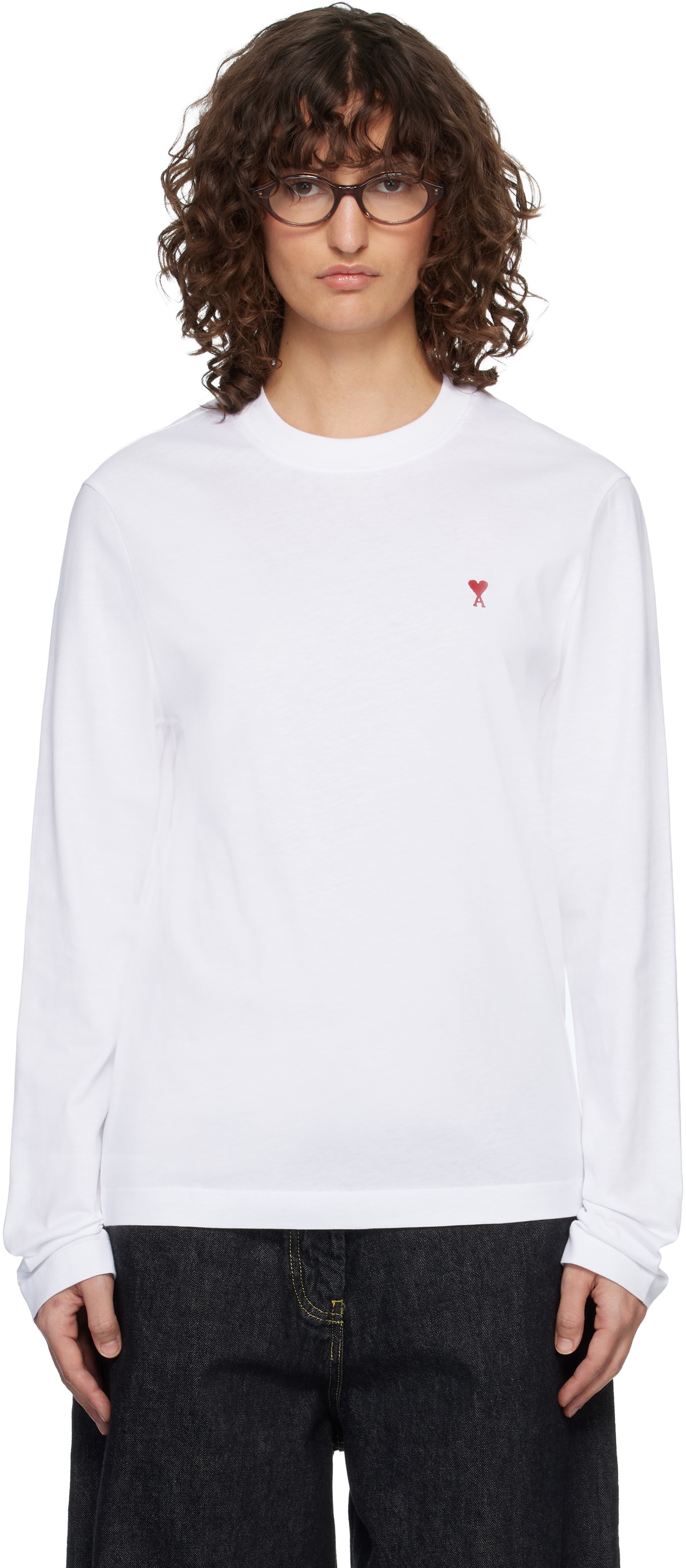 AMI Paris Women's Logo Cropped T-Shirt in Wool Tricotine White AMI