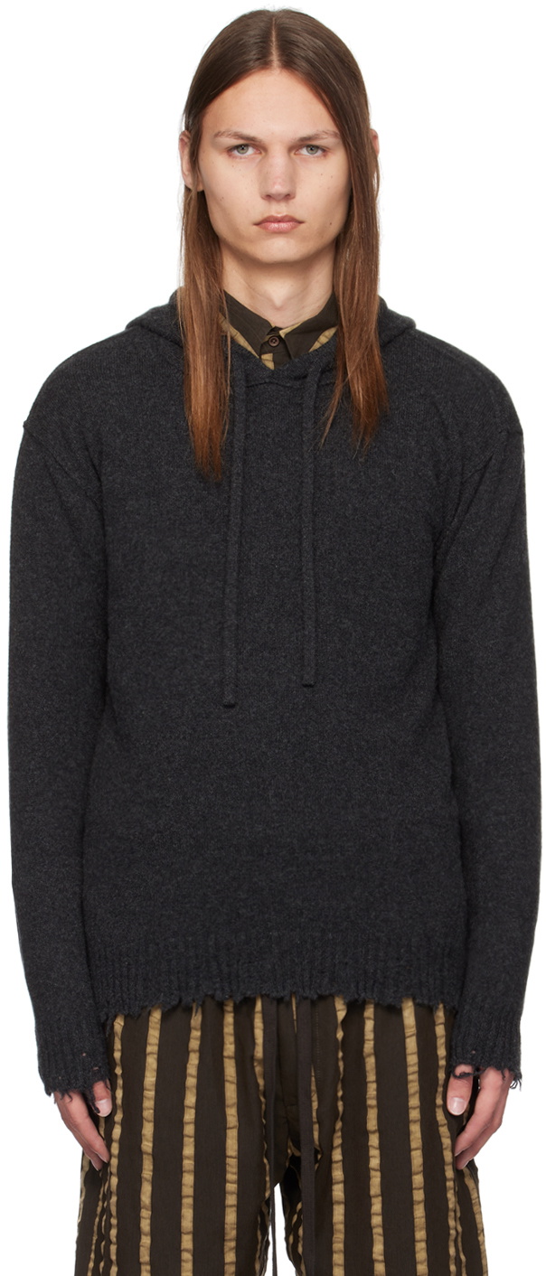 UMA WANG Gray Frayed Hoodie