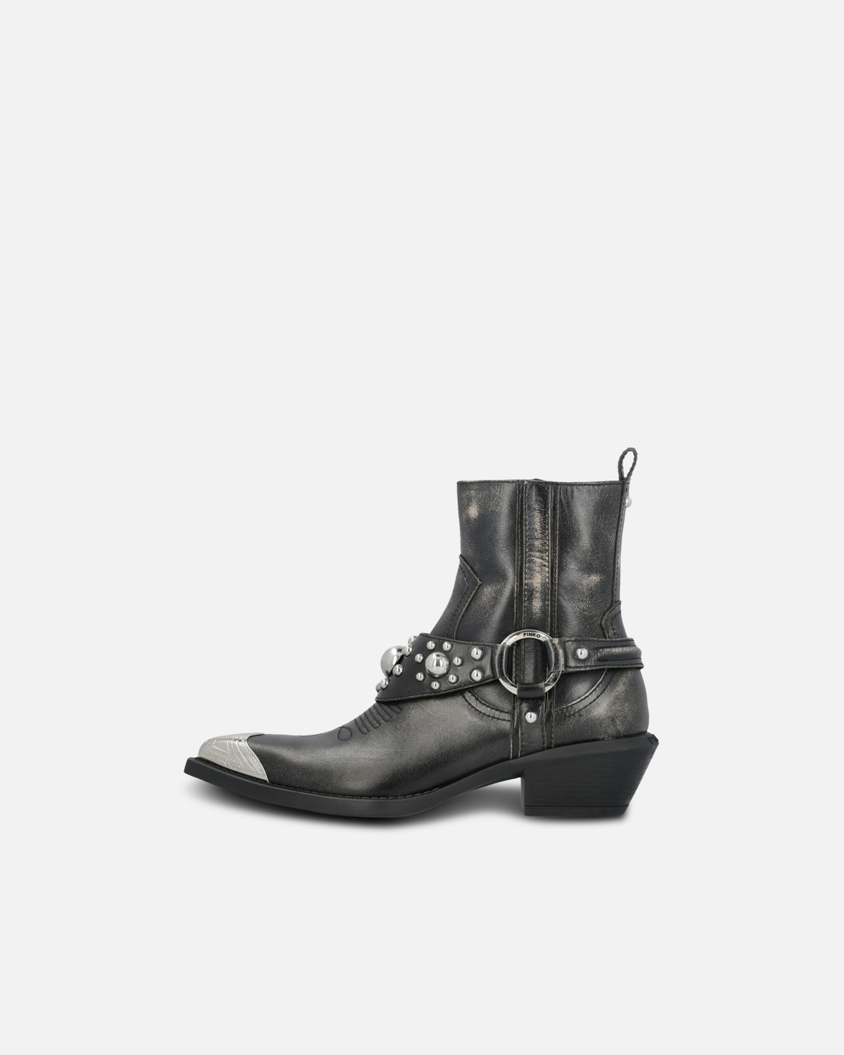 Pinko Ankle Cowboy Boots In Distressed Leather With A Metal Toe Cap Limo Black