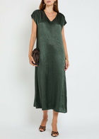 Eileen Fisher Crinkled Satin Midi Dress Dark Green
