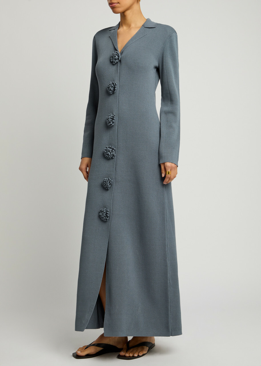 BY Malene Birger Rosie Floral-appliquéd Knitted Maxi Dress Blue