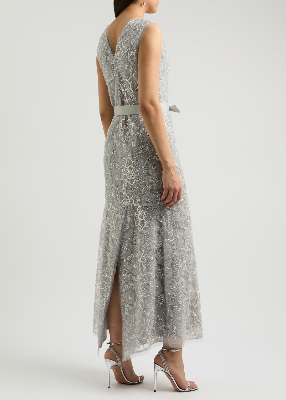 Huishan Zhang Esma Embellished Tulle Maxi Dress Silver