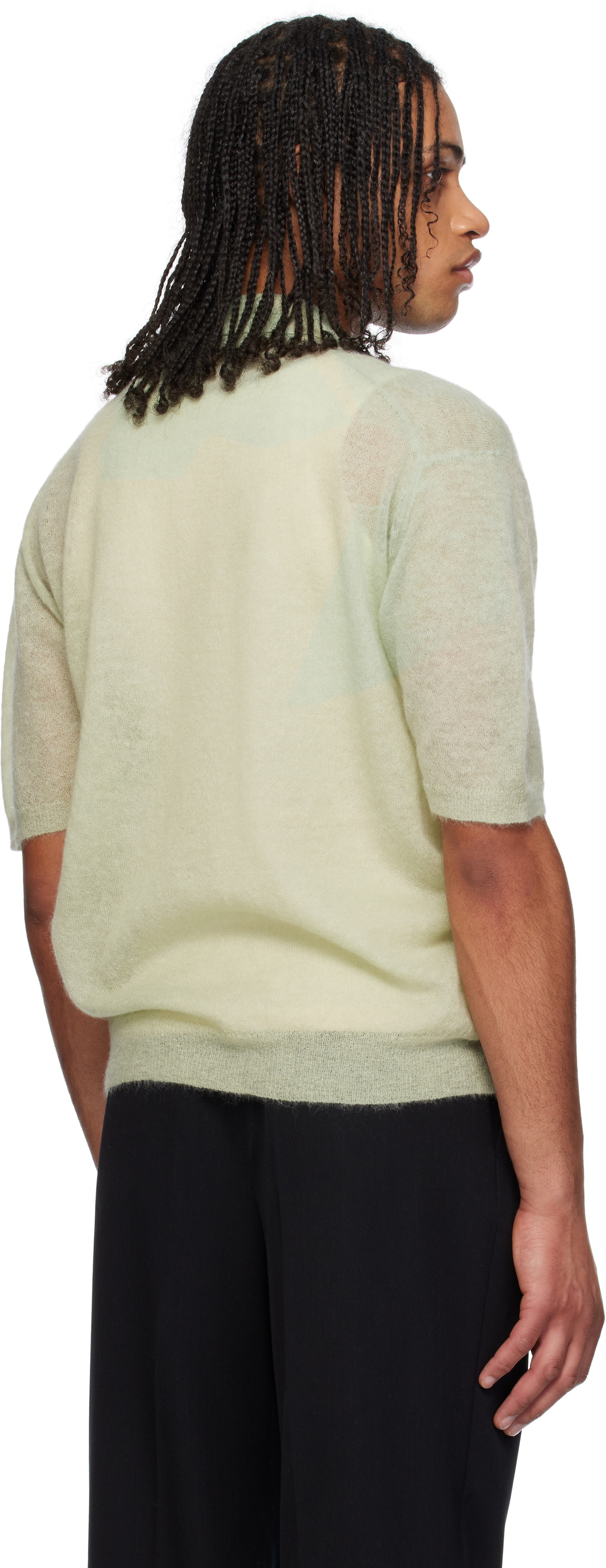 Auralee Kid Mohair Sheer Knit Polo in Lime Yellow Curated at