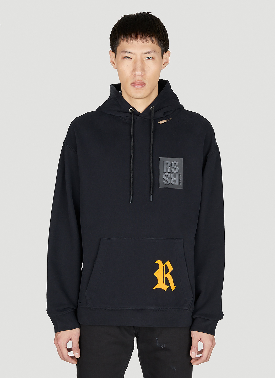 Raf Simons Destroyed Logo Patch Hooded Sweatshirt