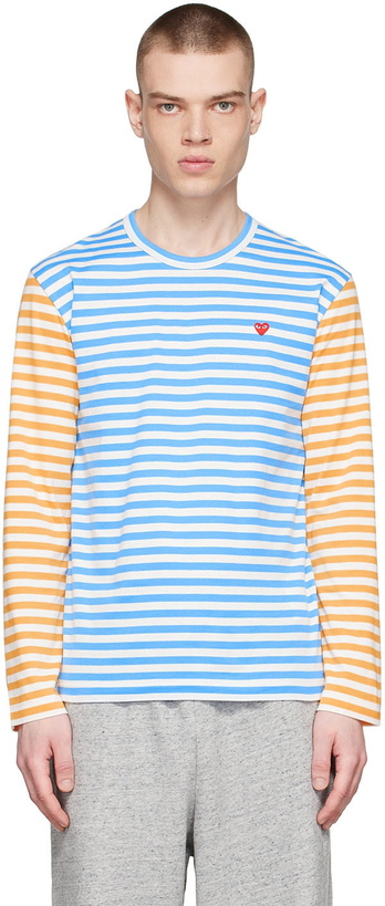 Photo: Comme des Garçons Play Blue & Yellow Cotton Long Sleeve T-Shirt