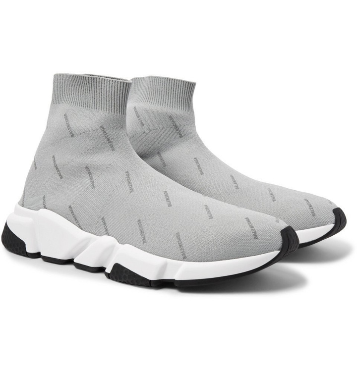 Photo: Balenciaga - Speed Sock Logo-Print Stretch-Knit Sneakers - Men - Light gray